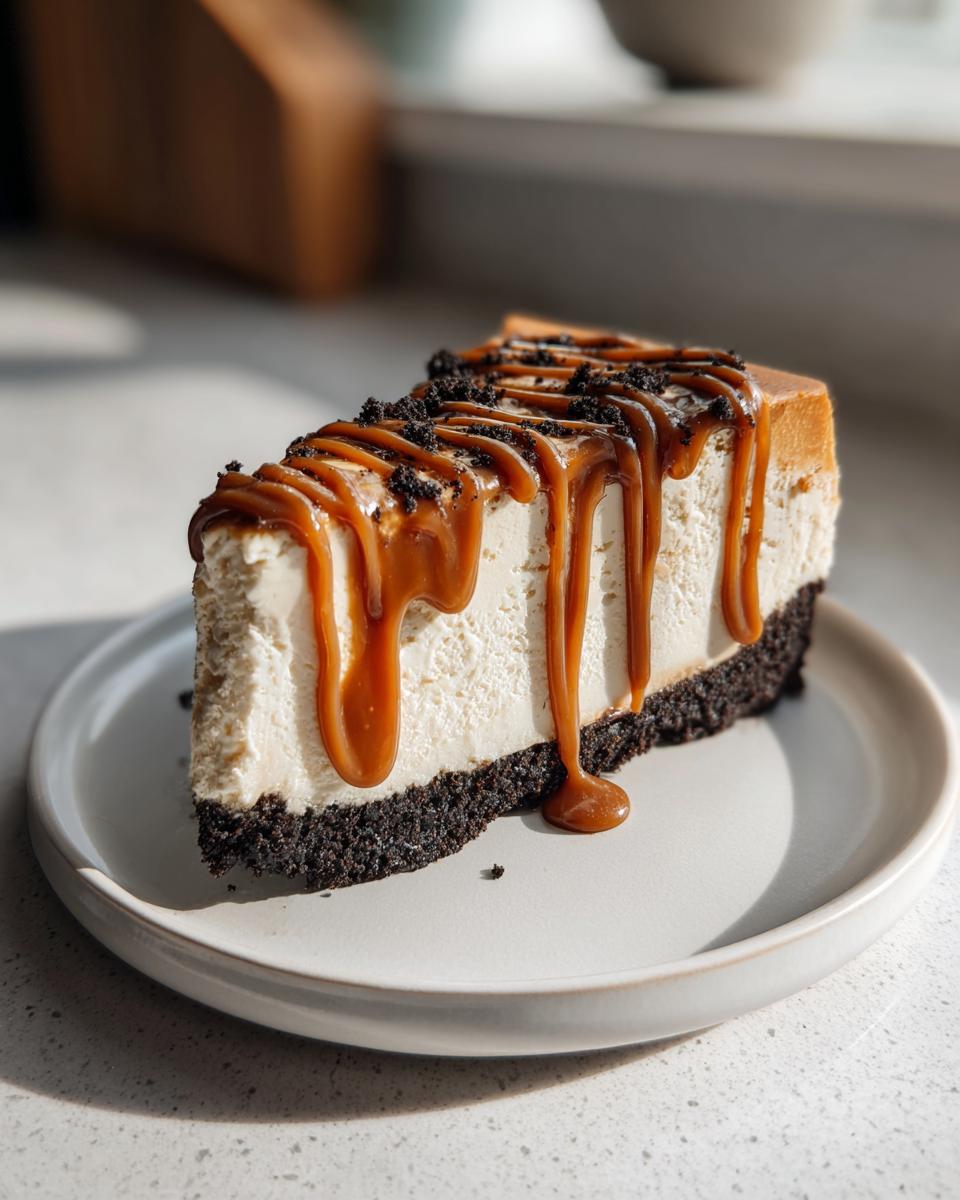 A perfect slice of creamy biscoff cheesecake topped with thick caramel sauce and cookie crumbles.