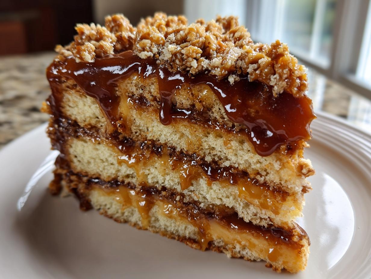 Close-up of a slice of caramel crunch cake showing three layers of sponge cake, caramel filling, and a crunchy topping.