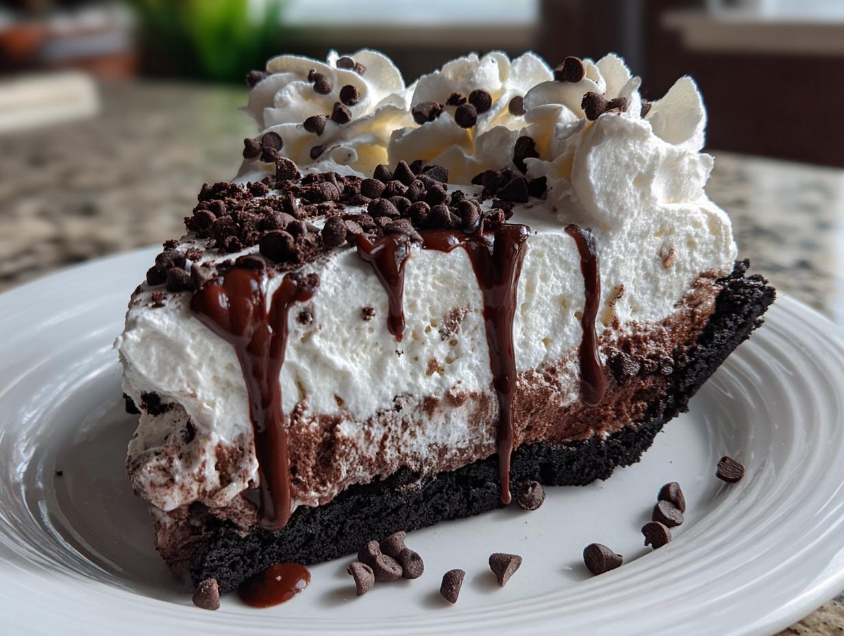 A decadent slice of chocolate ice cream pie topped with whipped cream, chocolate drizzle, and mini chocolate chips.