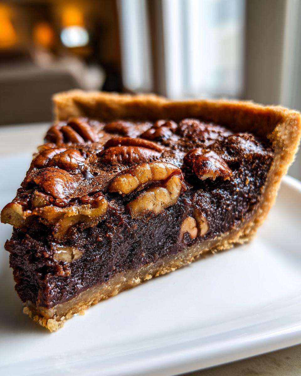 Close-up of a decadent slice of chocolate pecan pie showing the dark filling and whole pecans on top.