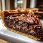 Close-up of a decadent slice of chocolate pecan pie showing the dark, gooey filling and whole pecans.