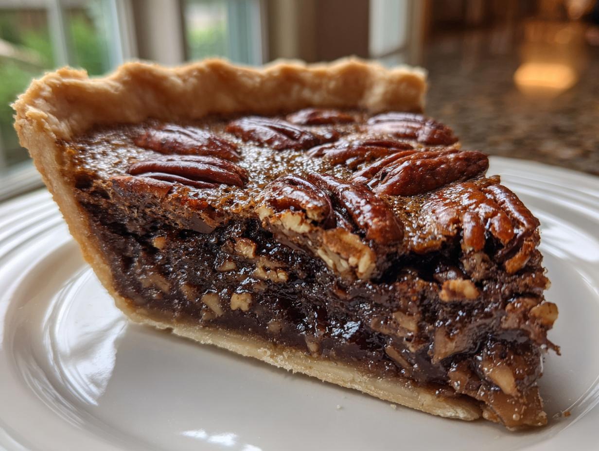A close-up shot of a decadent slice of chocolate pecan pie on a white plate.