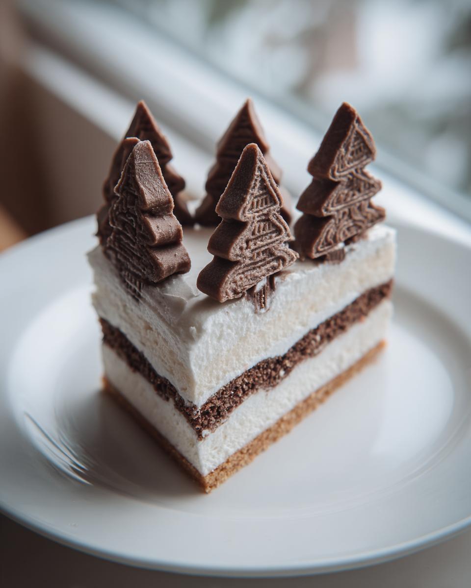 A slice of layered christmas tree cheesecake topped with small chocolate Christmas tree decorations on a white plate.