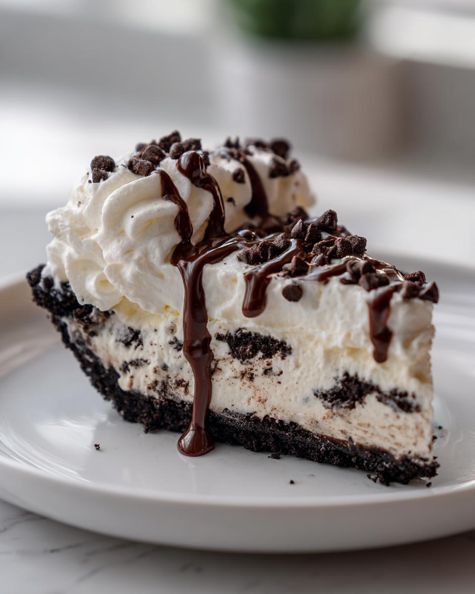 A decadent slice of cookies and cream ice cream pie with whipped cream, chocolate drizzle, and mini chips.