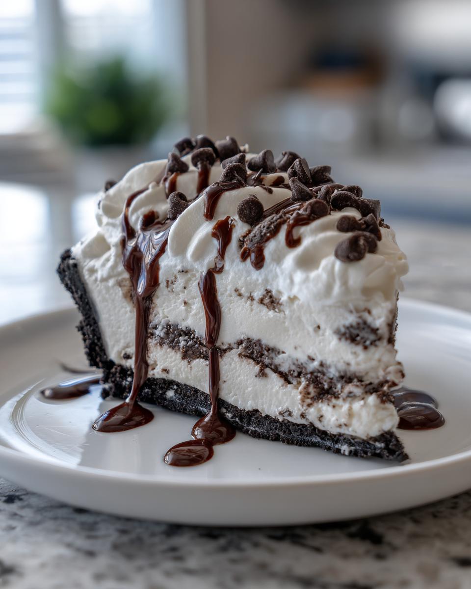 A decadent slice of ice cream pie featuring a dark crust, creamy filling, whipped topping, chocolate chips, and fudge drizzle.