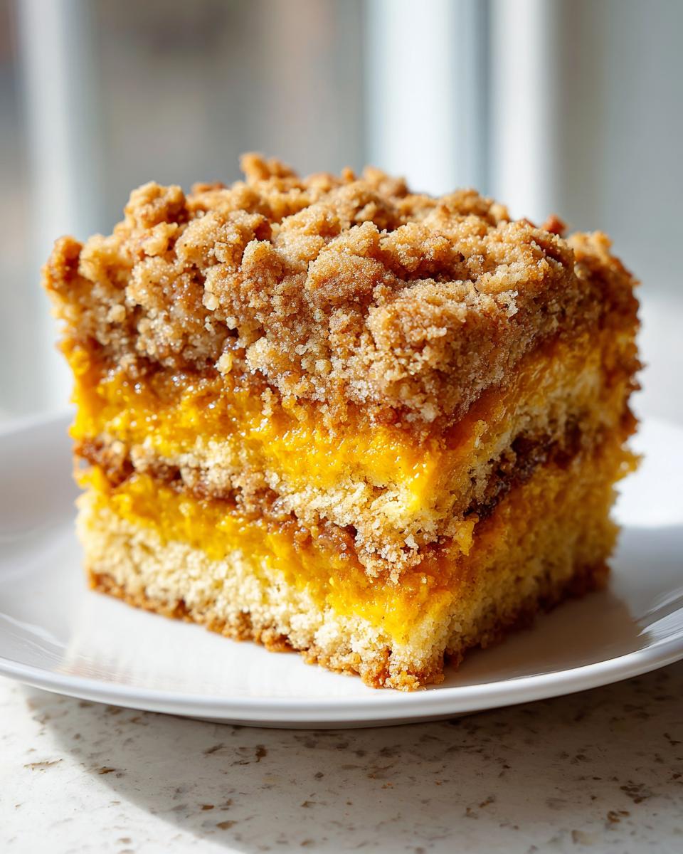 A close-up of a layered slice of pumpkin crunch cake featuring a light cake base, bright orange pumpkin filling, and a thick, sugary crumb topping.