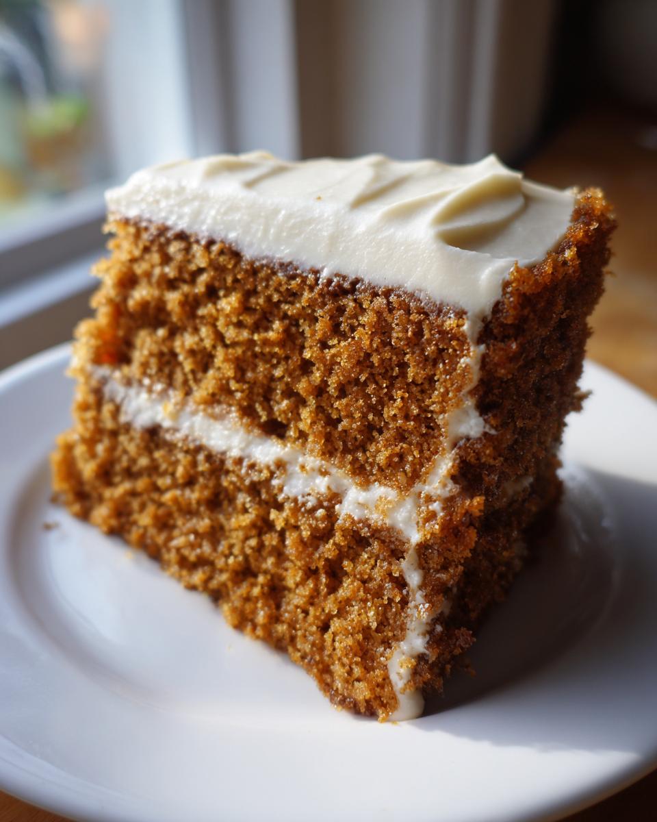 A moist slice of rich brown spice cake layered and topped with thick white cream cheese frosting.