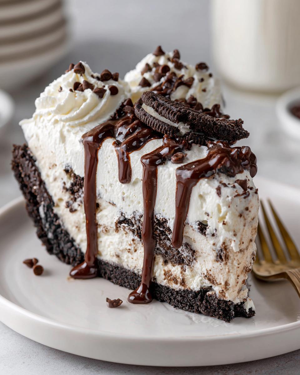 A decadent slice of ice cream pie with a dark cookie crust, topped with whipped cream, chocolate chips, and fudge sauce.