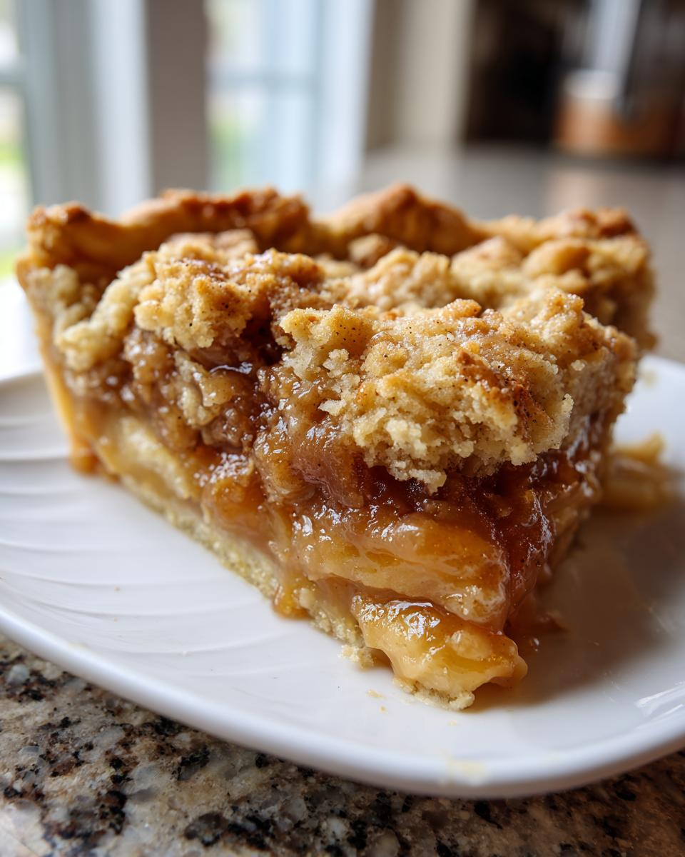 Close-up of a gooey slice of pecan pie cobbler recipe on a white plate.