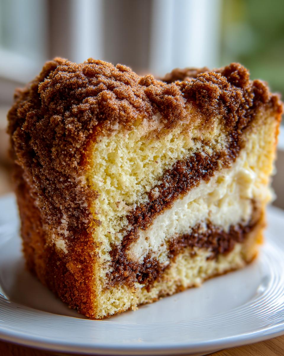 Close-up of a moist slice of sour cream coffee cake featuring layers of yellow cake, cinnamon swirl, cream cheese filling, and thick streusel topping.