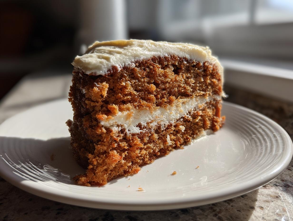 A close-up slice of moist, layered spice cake with thick cream cheese frosting, sitting on a white plate.
