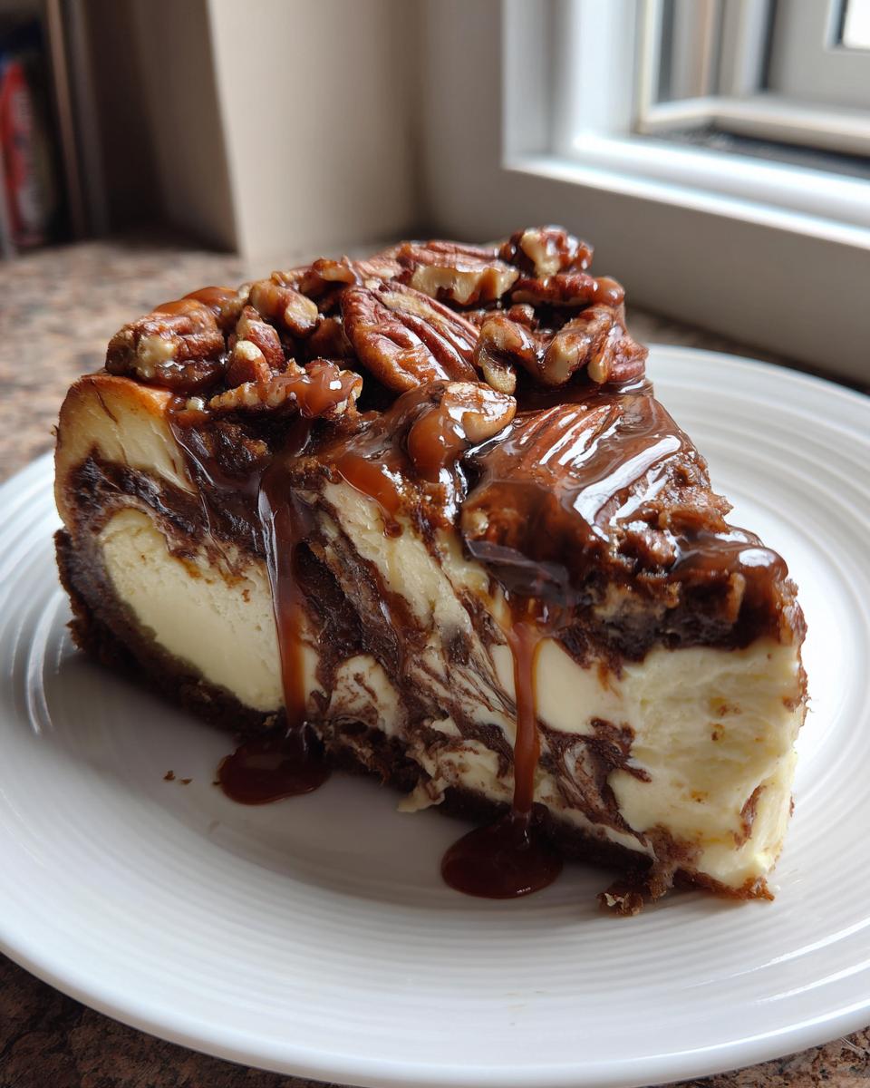 A decadent slice of chocolate swirl turtle cheesecake topped with pecans and dripping caramel sauce.