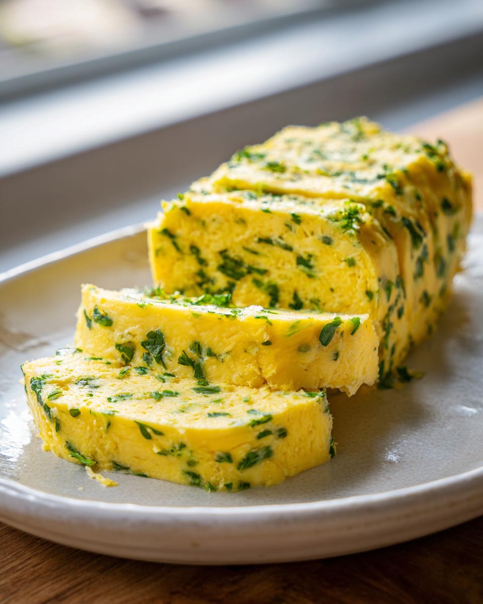 A log of bright yellow homemade garlic butter, studded with green herbs, sliced on a light gray plate.