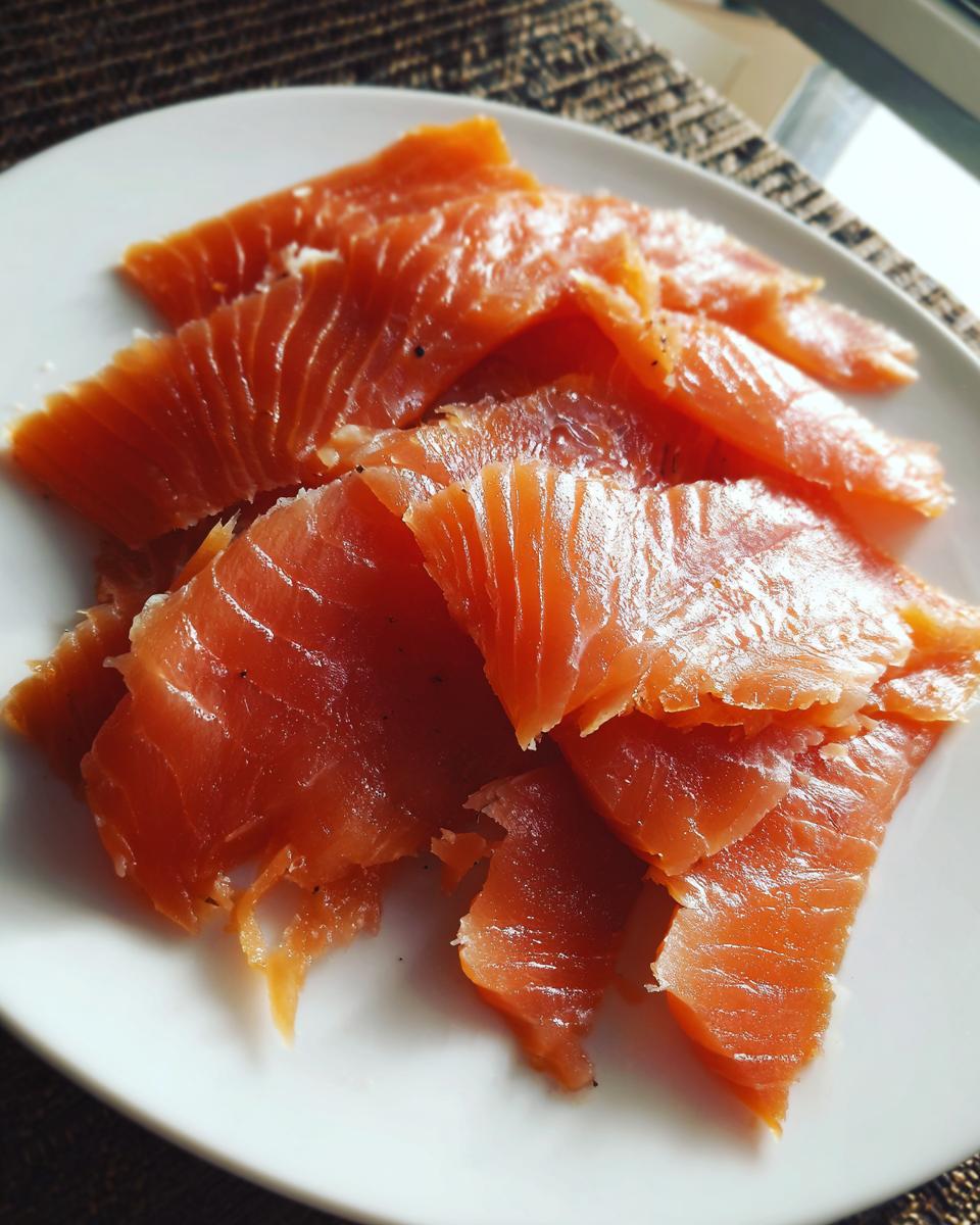 Close-up of thinly sliced, bright orange smoked salmon arranged on a white plate.