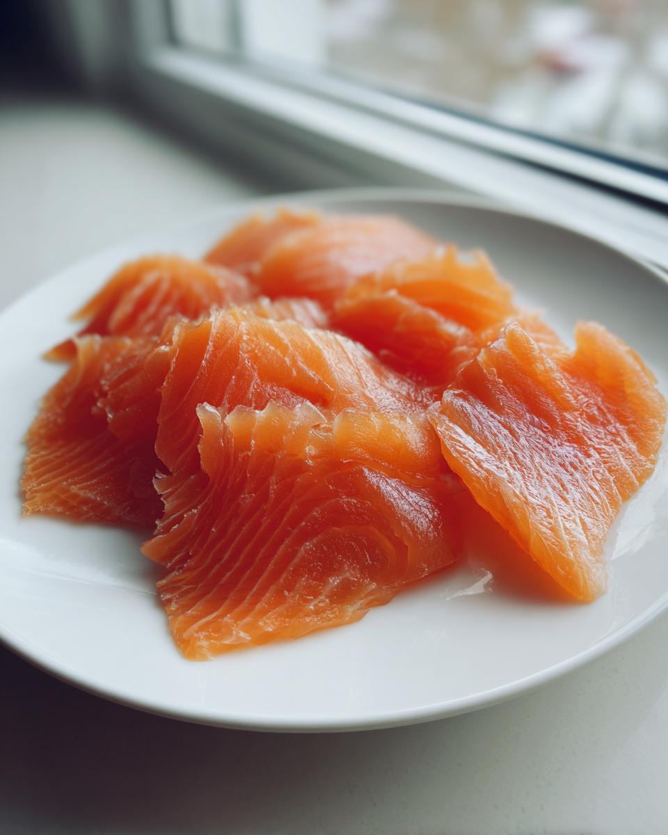Close-up of thinly sliced, vibrant orange smoked salmon arranged on a white plate near a window.