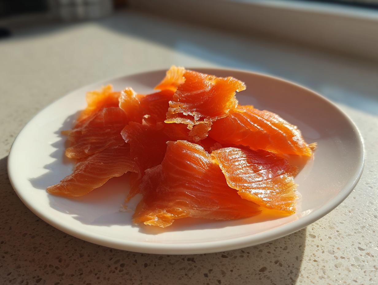 Close-up of bright orange, flaky slices of smoked salmon piled on a small white plate, illuminated by sunlight.