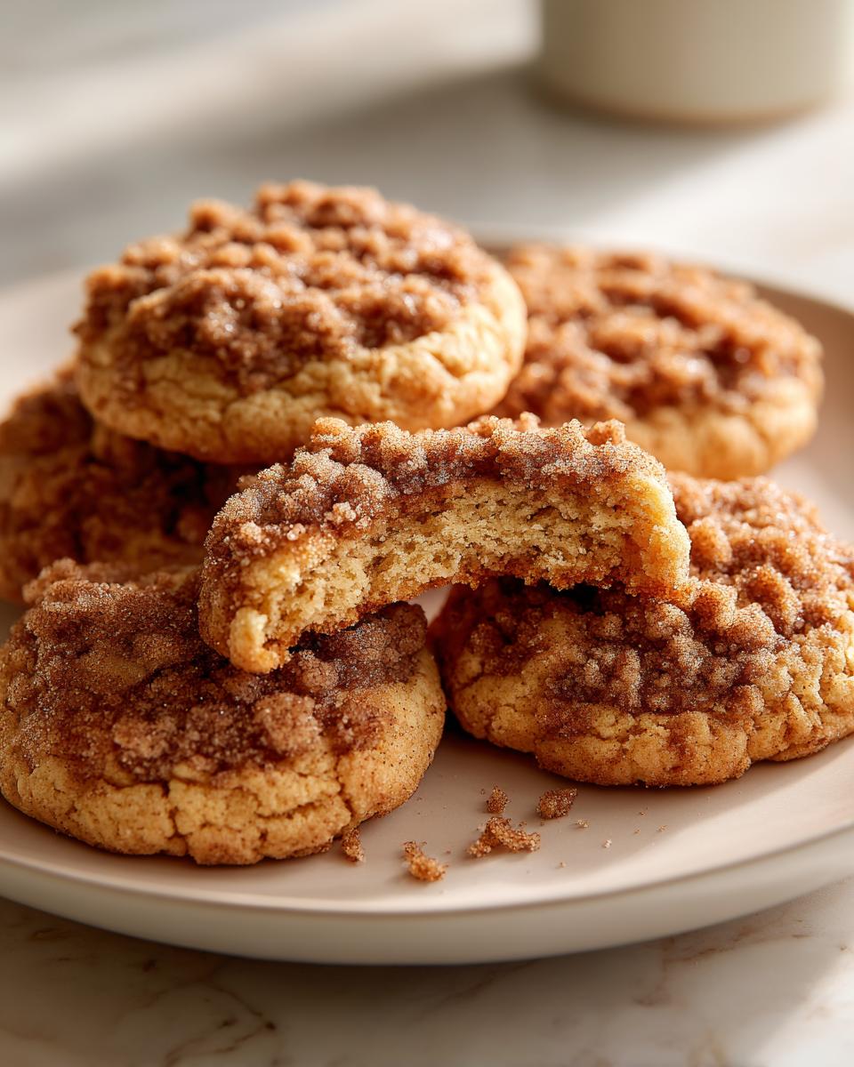 A stack of soft coffee cake cookies topped with cinnamon sugar crumble, one cookie broken in half.
