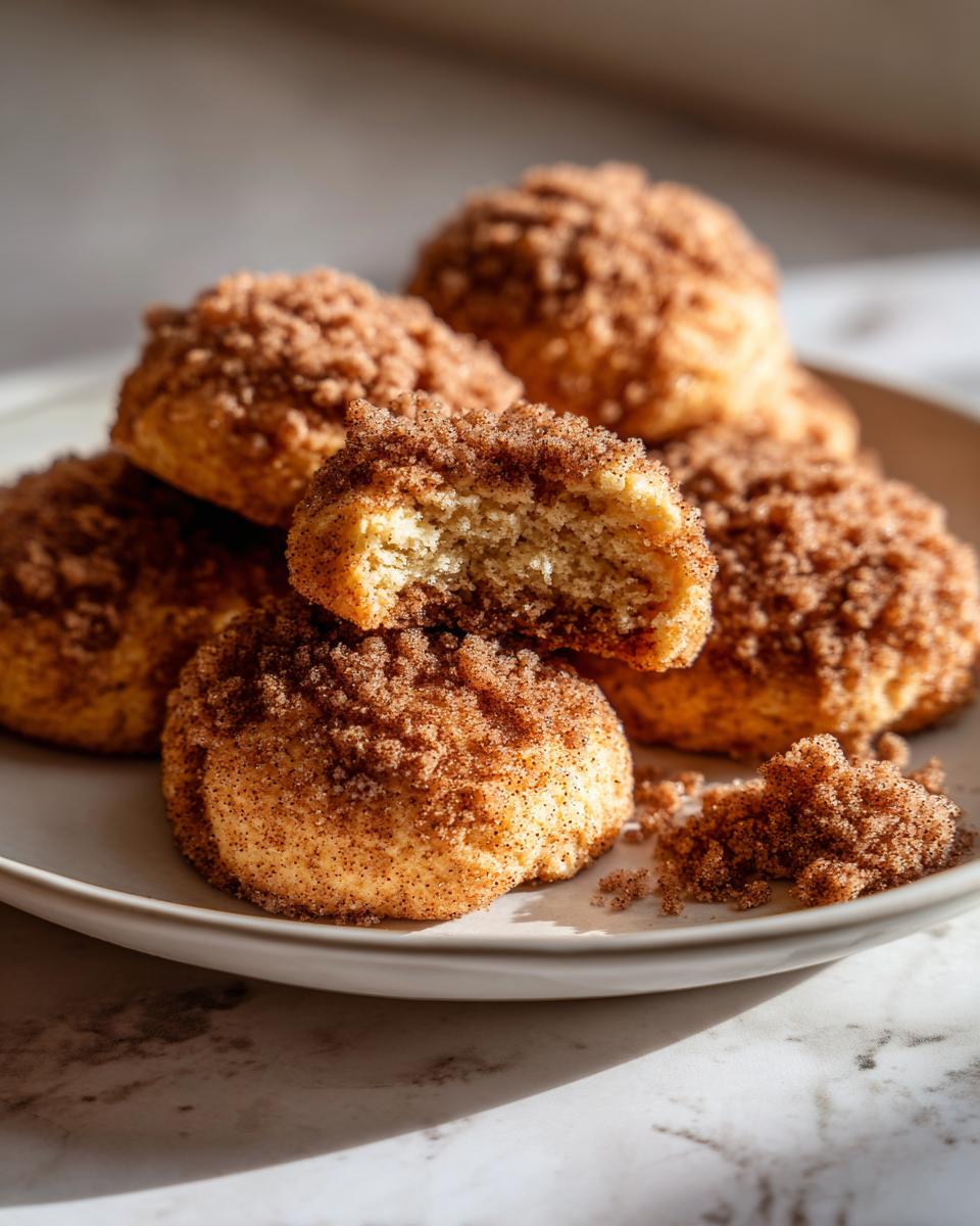 A stack of soft coffee cake cookies, one broken open to show the texture, covered in cinnamon streusel topping.