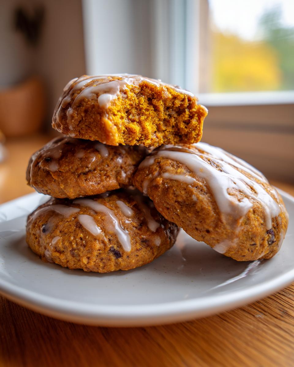 Close-up of a stack of soft, orange persimmon cookies drizzled with white glaze, one cookie is broken open.