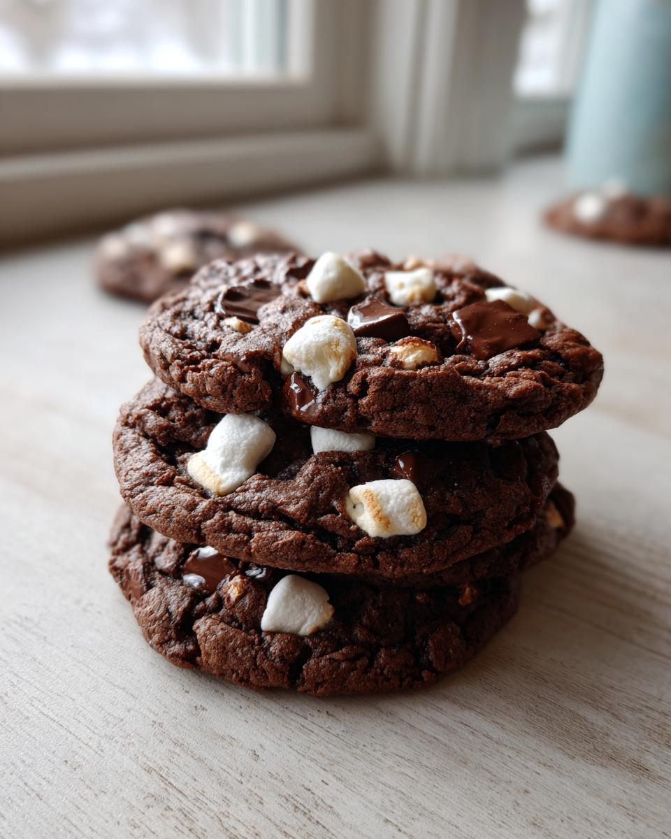 A stack of three soft hot chocolate cookies topped with melted chocolate chips and mini marshmallows.