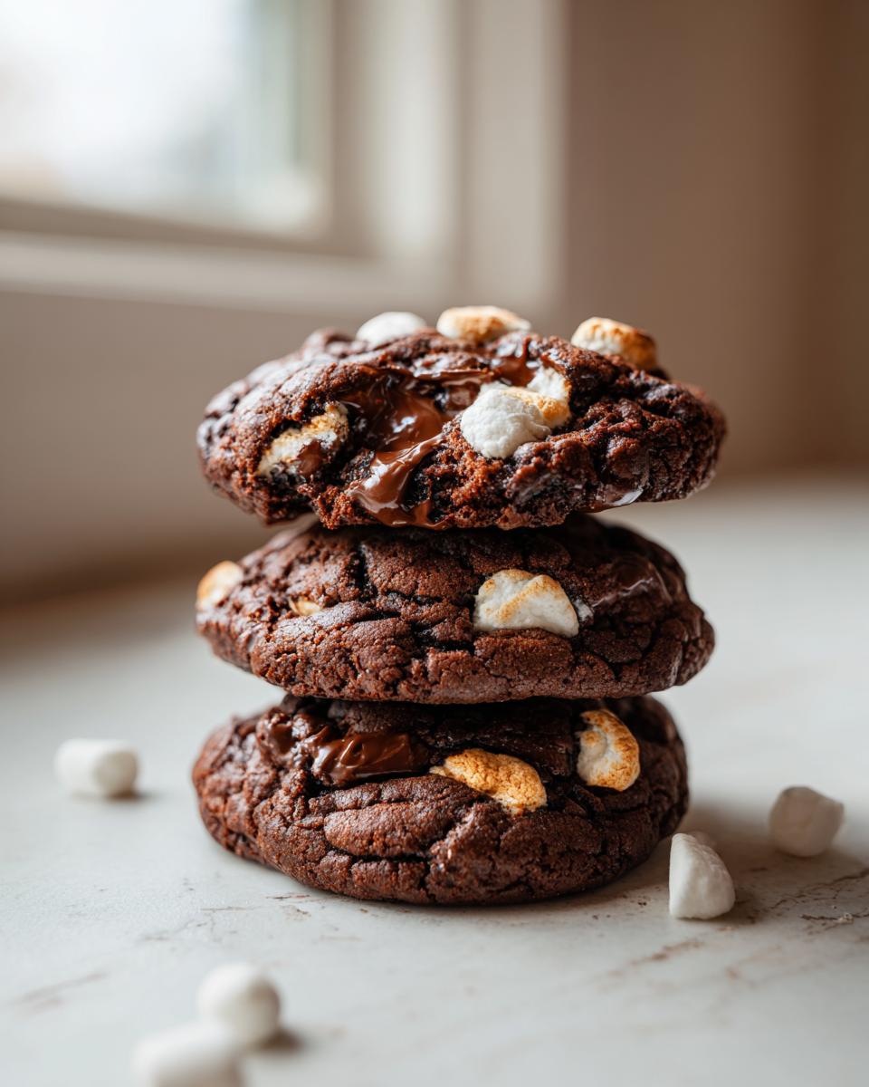 A stack of three rich, dark hot chocolate cookies topped with melted chocolate and toasted marshmallows.