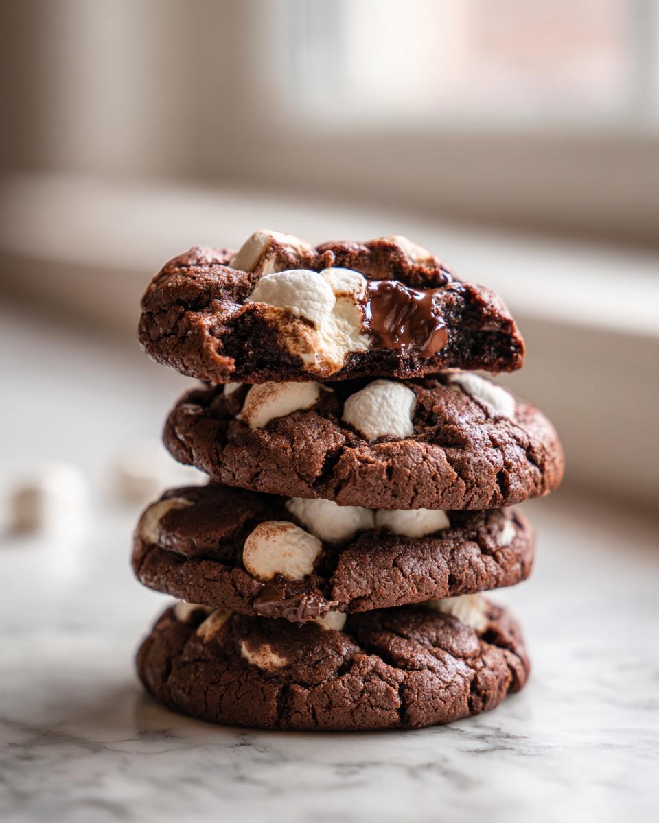 A stack of three rich, dark chocolate hot chocolate cookies topped with melted marshmallows.