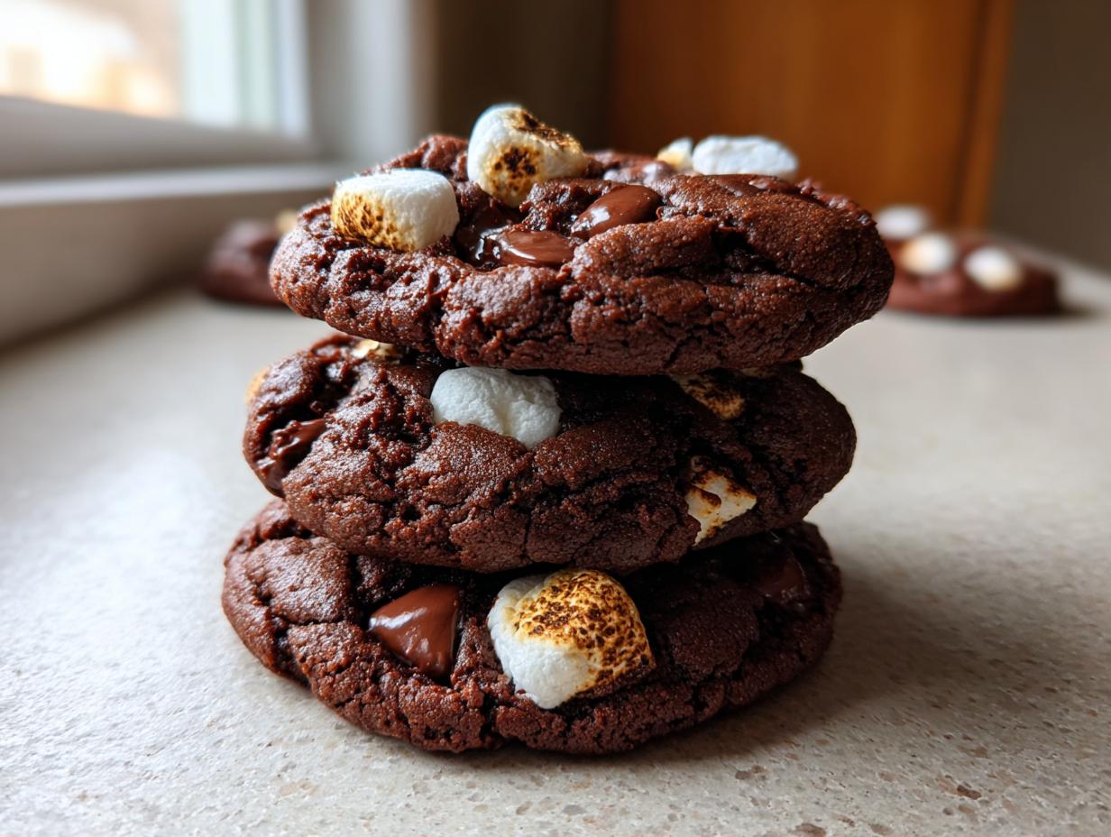 A stack of three rich, dark chocolate hot chocolate cookies topped with toasted marshmallows and melted chocolate chips.