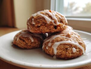 Three soft persimmon cookies stacked on a white plate, drizzled generously with white glaze icing.