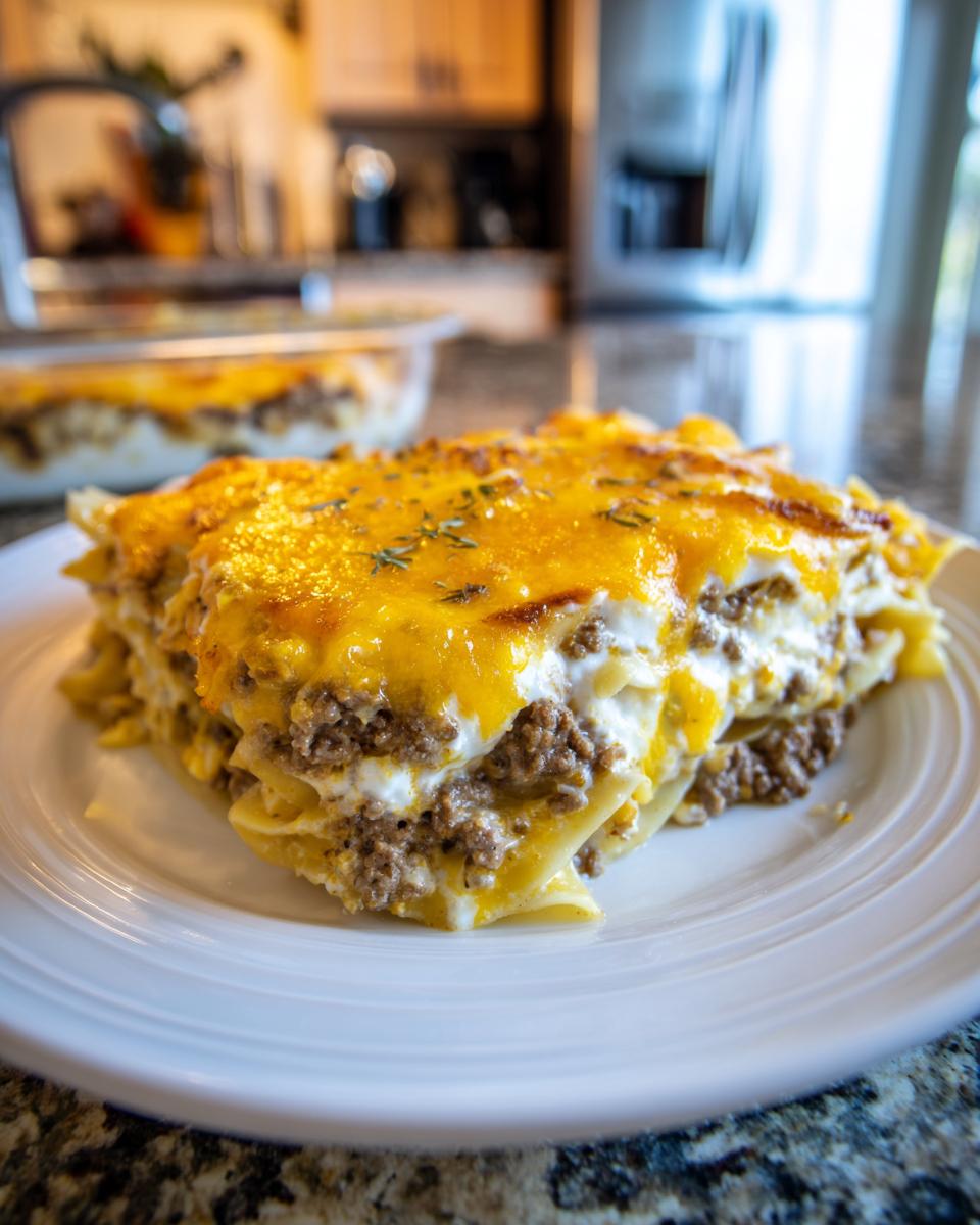 A thick slice of layered sour cream beef noodle casserole topped with melted cheddar cheese on a white plate.