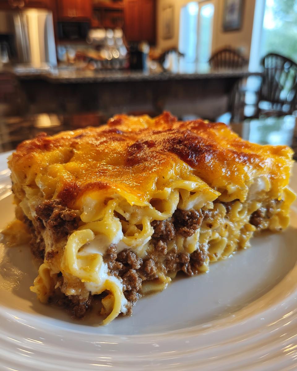 A close-up view of a hearty slice of sour cream beef noodle casserole topped with melted, browned cheddar cheese.