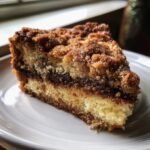 Close-up of a moist slice of sour cream coffee cake featuring a thick cinnamon swirl and crumbly brown sugar streusel topping.