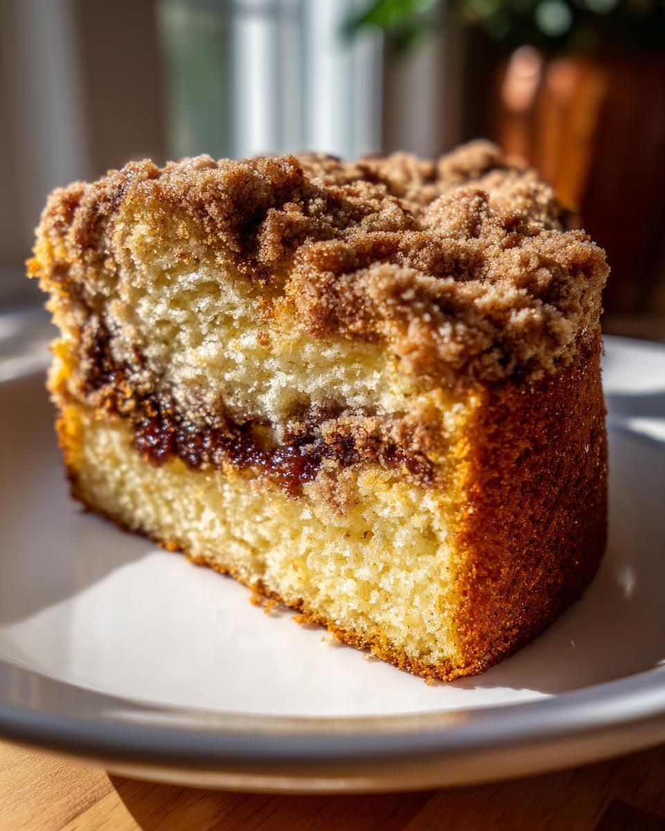 Close-up of a moist slice of sour cream coffee cake featuring a thick cinnamon streusel topping and a dark filling layer.