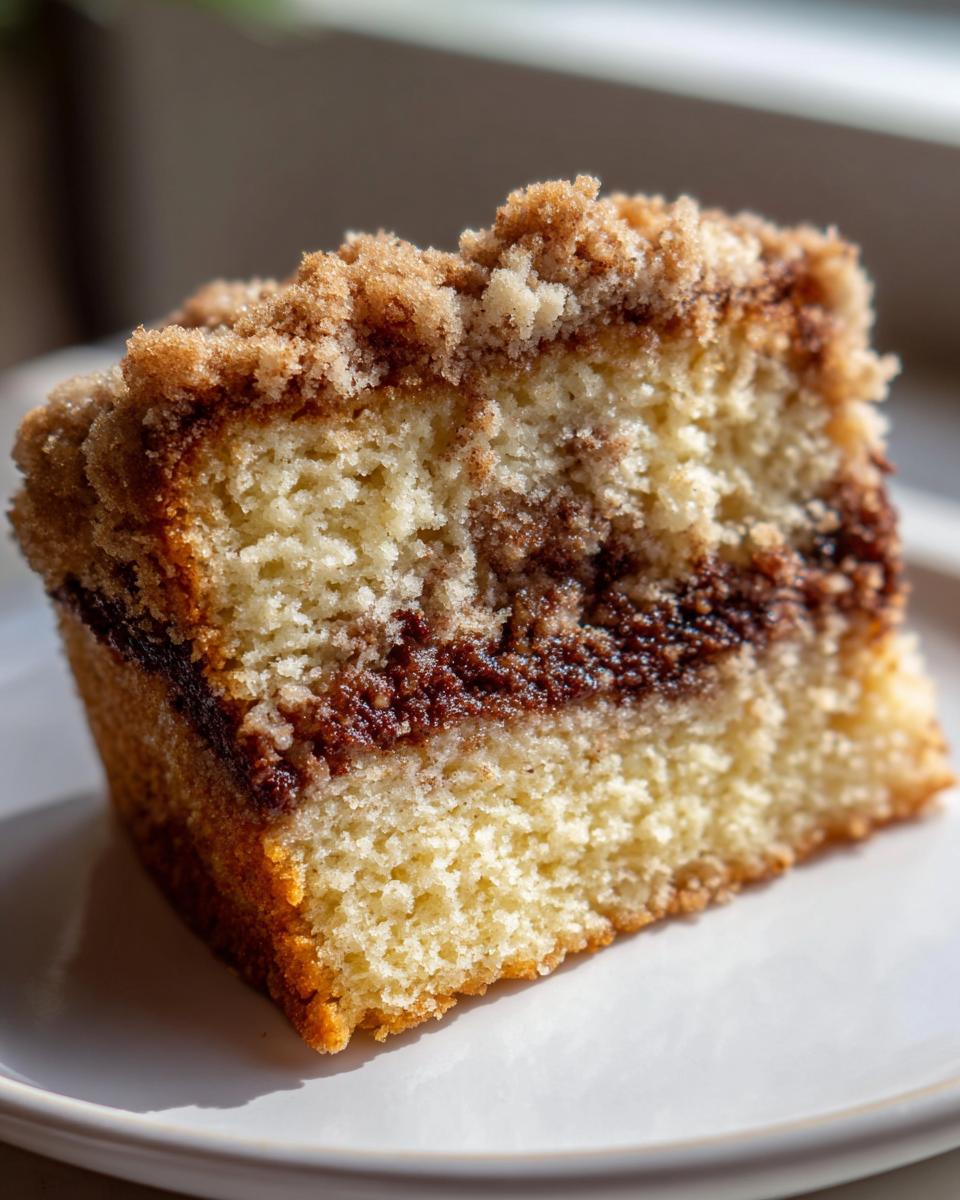 Close-up of a moist slice of sour cream coffee cake featuring a rich cinnamon swirl and crumbly streusel topping.