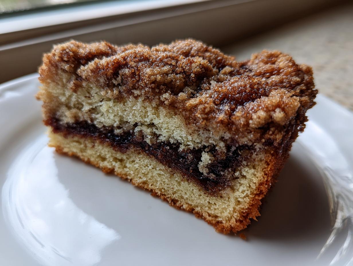 Close-up of a moist slice of sour cream coffee cake featuring a thick cinnamon streusel topping and a dark filling layer.