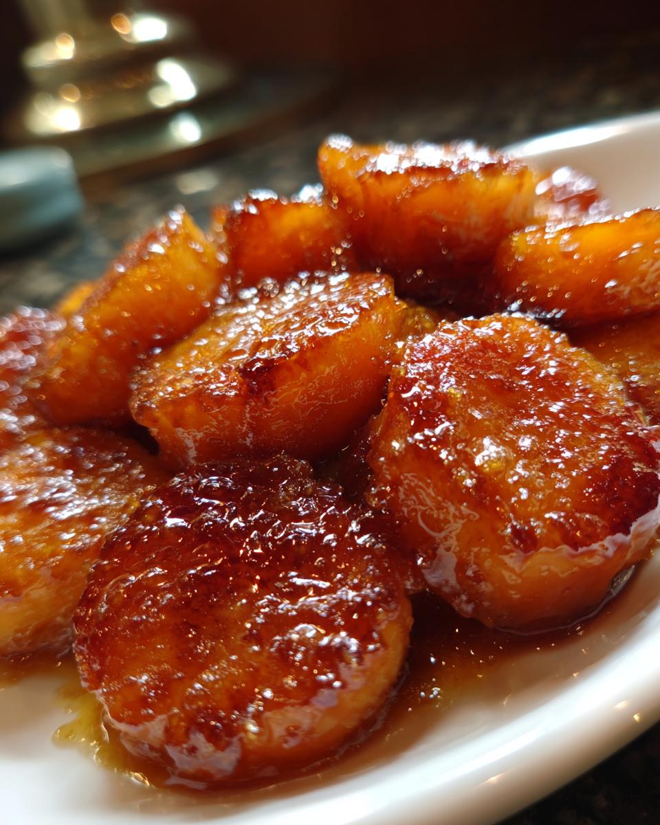 Close-up of thick slices of Southern candied yams coated in a rich, sticky, caramelized brown sugar glaze.