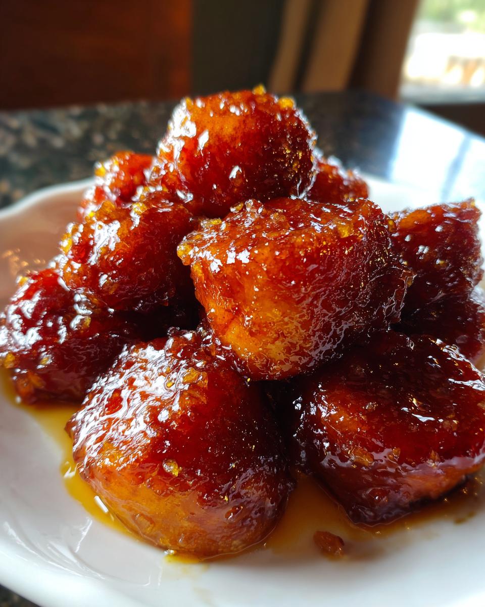 A close-up pile of rich, glossy, orange-brown southern candied yams glistening with thick syrup.