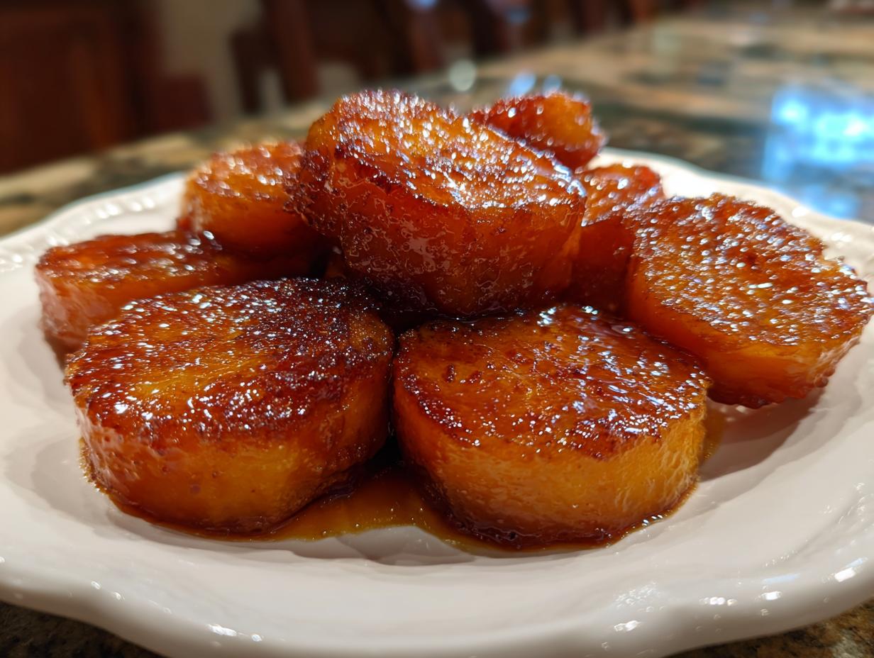 A close-up of thick-cut, glistening Southern candied yams coated in a rich, dark brown syrup on a white plate.