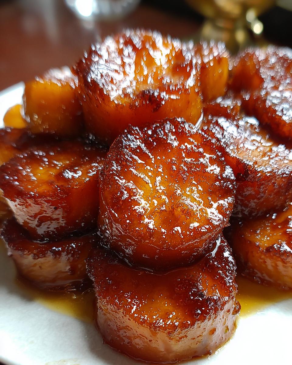 Close-up of thick, round slices of southern candied yams coated in a rich, glossy brown sugar glaze.