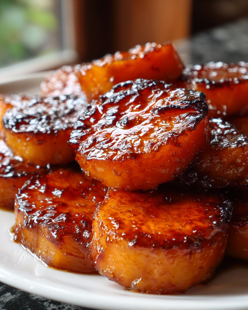 A close-up of thick, round slices of southern candied yams coated in a rich, dark, shiny glaze.