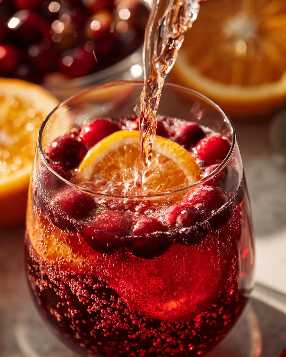 Close-up of a sparkling red non-alcoholic christmas punch being poured over cranberries and an orange slice in a glass.