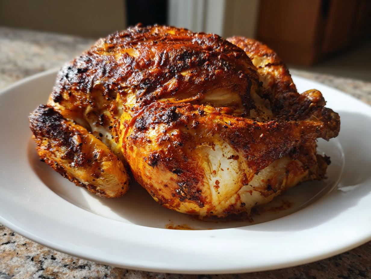 A whole, perfectly roasted spatchcock chicken with crispy, seasoned skin resting on a white plate.