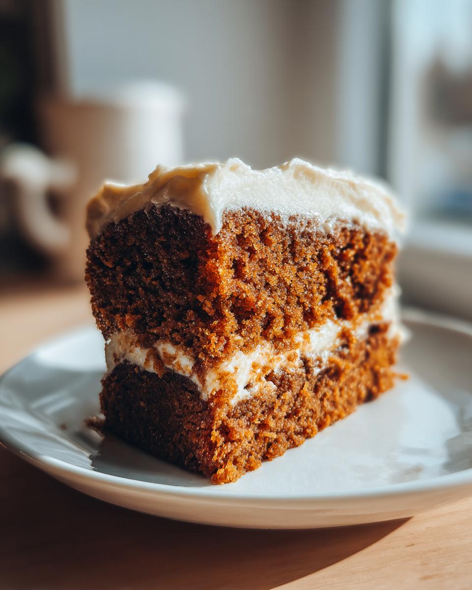 Close-up of a moist slice of spice cake layered with cream cheese frosting on a white plate.