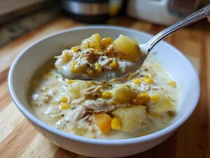A spoonful of creamy chicken corn chowder, loaded with potatoes, corn, and shredded chicken, being lifted from a white bowl.