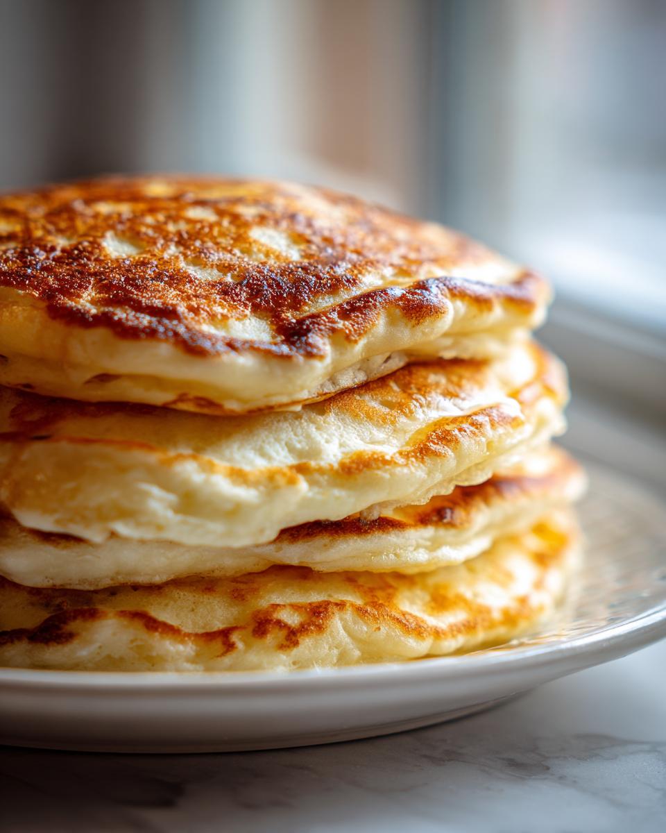 Close-up of a tall stack of four golden brown, perfectly cooked fluffy pancakes on a white plate.