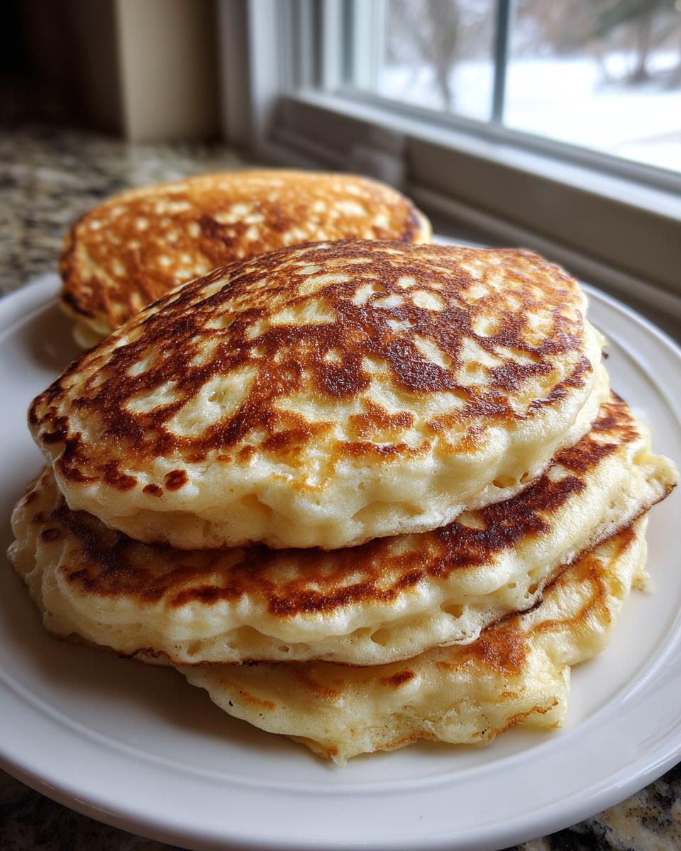 A stack of three thick, fluffy pancakes with golden-brown, lacy tops resting on a white plate.