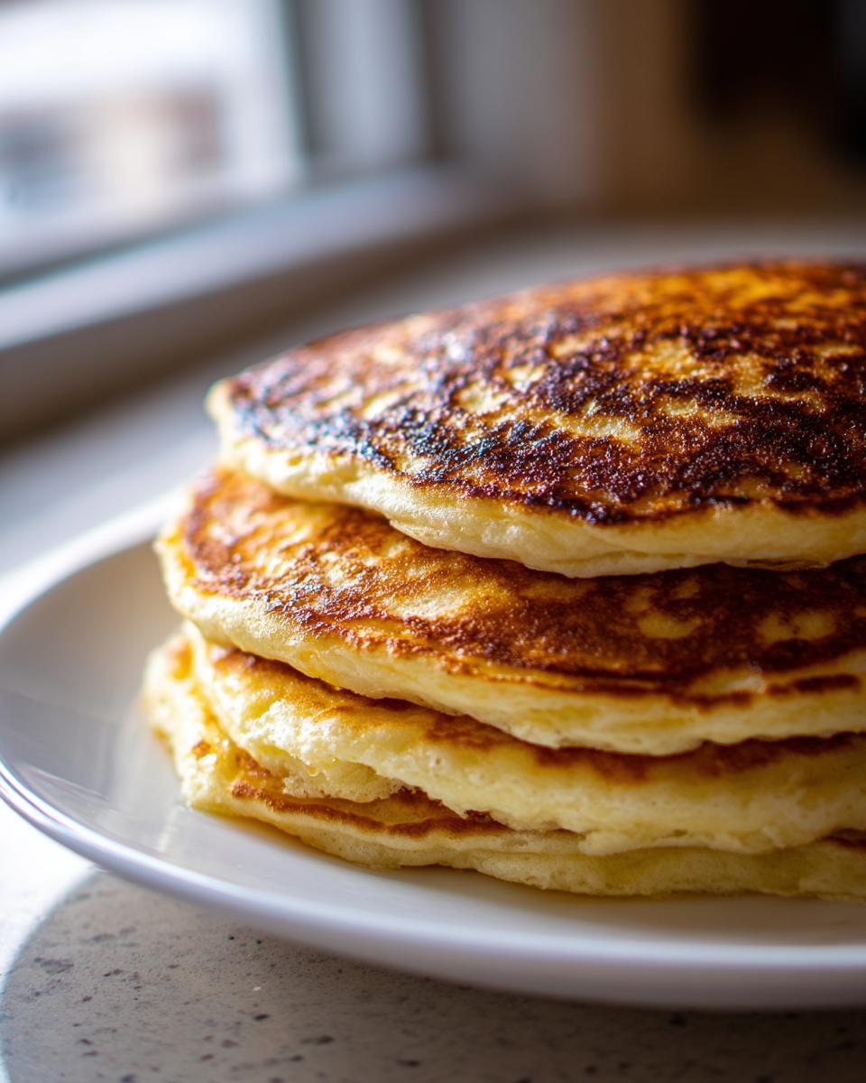 Close-up of a stack of three perfectly cooked, golden brown fluffy pancakes on a white plate.