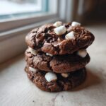 A stack of three rich, dark hot chocolate cookies topped with melted chocolate and mini marshmallows.