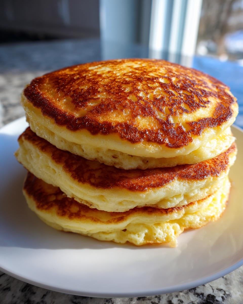 A tall stack of three thick, fluffy pancakes with perfectly golden brown, textured tops served on a white plate.