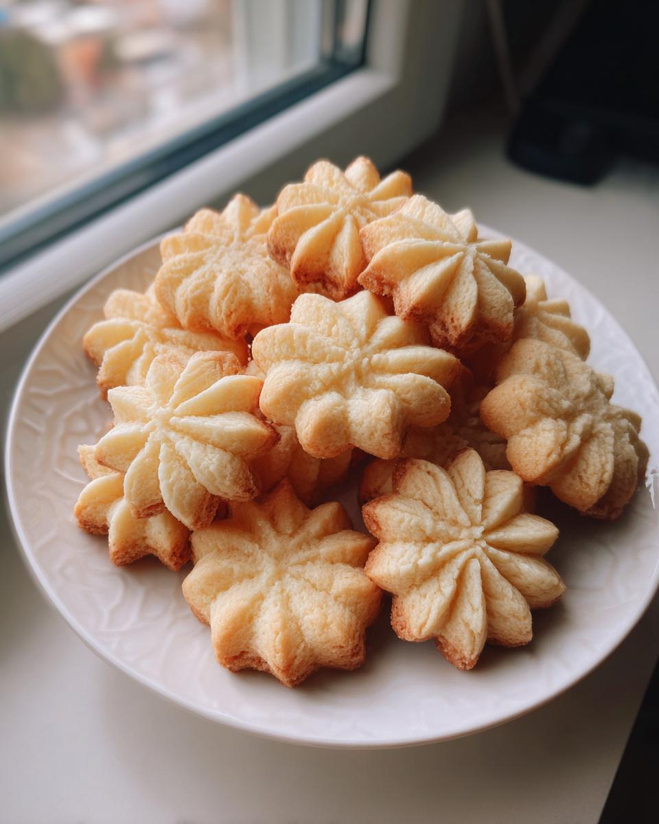 A pile of freshly baked, star-shaped butter cookies with golden edges stacked on a white plate.