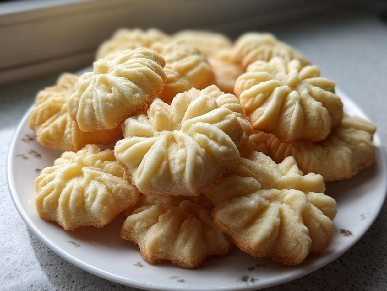 A close-up pile of golden, star-shaped butter cookies arranged on a white plate.